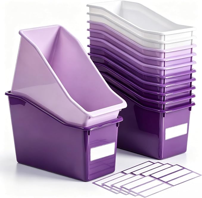 Geetery 12 Pcs Book Bin for Classroom with Labels Stackable Plastic Organizing Bins 11.5 x 5.4 x 7.5 in Book Holders Storage Bins Box Baskets for Classroom Library Home (Purple Color Series) by Geetery