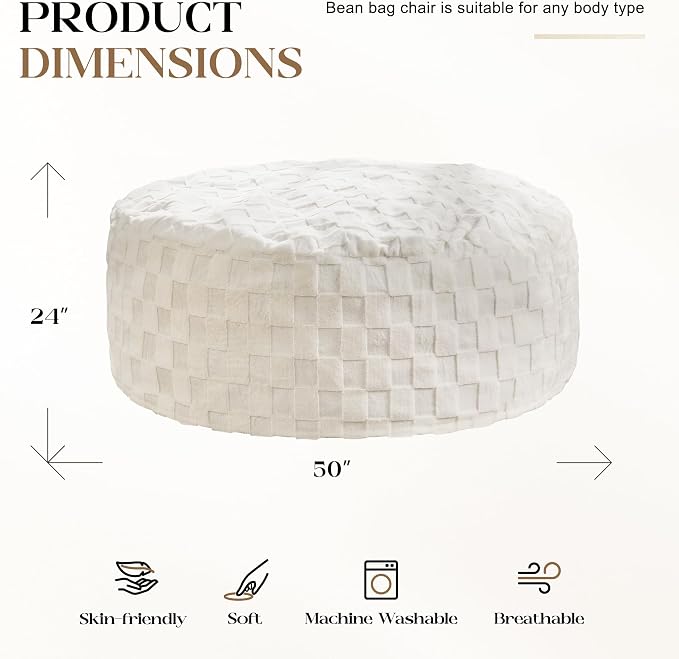 Hobestluk Adults Bean Bag Chair 5FT Big BeanBag Chair Giant Large Oversized | Memory Foam,Washable Cover,Unique Fluffy Plaid,Comfy Big BeanBag with Filler Lounging Reading Bedroom Living Room | White 5FT - Image 2