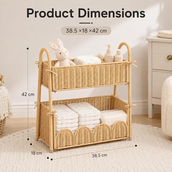 2-Tier Diaper Caddy Organizer, Handwoven Nursery Storage Basket | PE Rattan Diaper Caddy with Side Handles, Large Changing Table Organizer for Diapers, Wipes and Baby Essentials - Image 4
