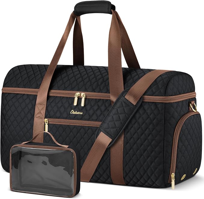 Weekender Bags for Women, Wide Open Large Travel Duffle Bag with Shoe Compartment, Overnight Carry on Bag Personal Item Travel Bag with Wet Pocket (Black Brown) by Unknown