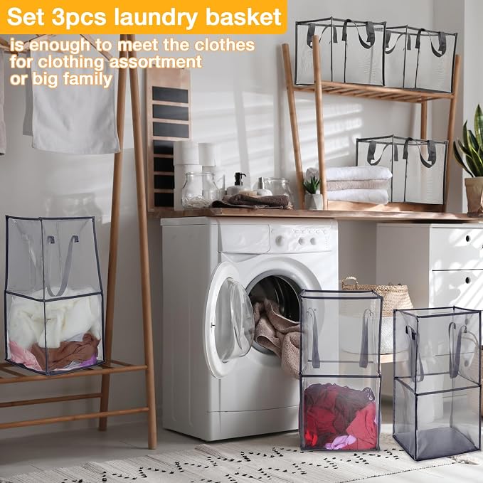 Zopeal 3 Pack Collapsible Mesh Laundry Basket, Grey, Double-layer | 13 Inch Square with Handles, Portable Foldable Hamper, Mesh See-through, Space Saving for Dorm Bedroom Laundry Room - Image 4