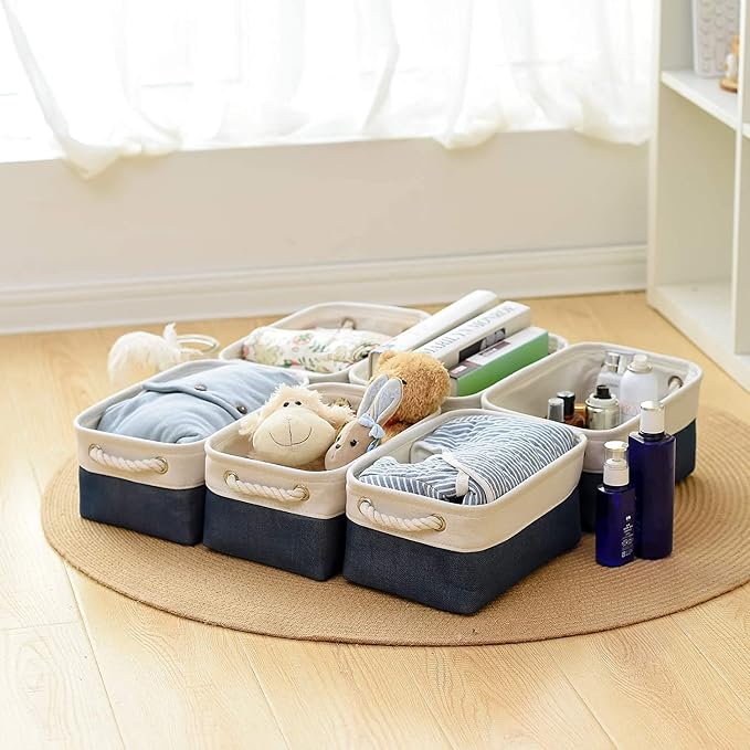 Storage Basket for Organizing - Small 12x8x5.2 inch 6 Pack Collapsible Storage Bin for Shelves, Canves Storage Cubes for Organizer Cloth Box Gift Toys Closet (White & Jean Blue) - Image 4