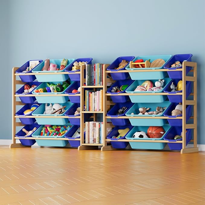 SpaceAid Large Toy Storage Organizer with 24 Bins and 3 Shelves, Toy Organizers Storage Bookshelf, Kids Bin Shelf Box Bookcase for Bedroom Playroom Organization Room Decor, Blue and Navy Blue by SpaceAid