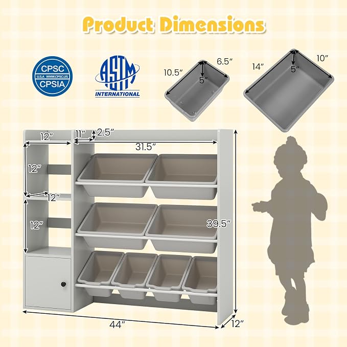 Costzon Kids Toy Storage Organizer w/ 8 Bins, Wooden Toddler Bookcase w/Open Shelves & Cabinet, Multifunctional Toy Storage Cabinet for Kids Room, Nursery & Playroom - Image 2