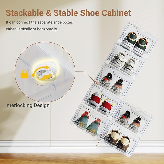 BROVIEW XX-Large Shoe Sneaker Storage Boxes for Size 14, 1 Pack Shoe Boxes | Stackable & Thicken Clear Plastic Shoe Organizers for Entryway Closet, Shoe Container Display Case w/ Magnetic Door - Image 4