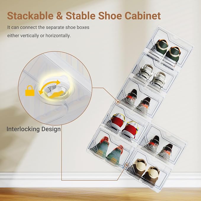 BROVIEW XX-Large Shoe Sneaker Storage Boxes for Size 14, 8 Pack Shoe Boxes | Stackable & Thicken Clear Plastic Shoe Organizers for Entryway Closet, Shoe Container Display Case w/ Magnetic Door - Image 4