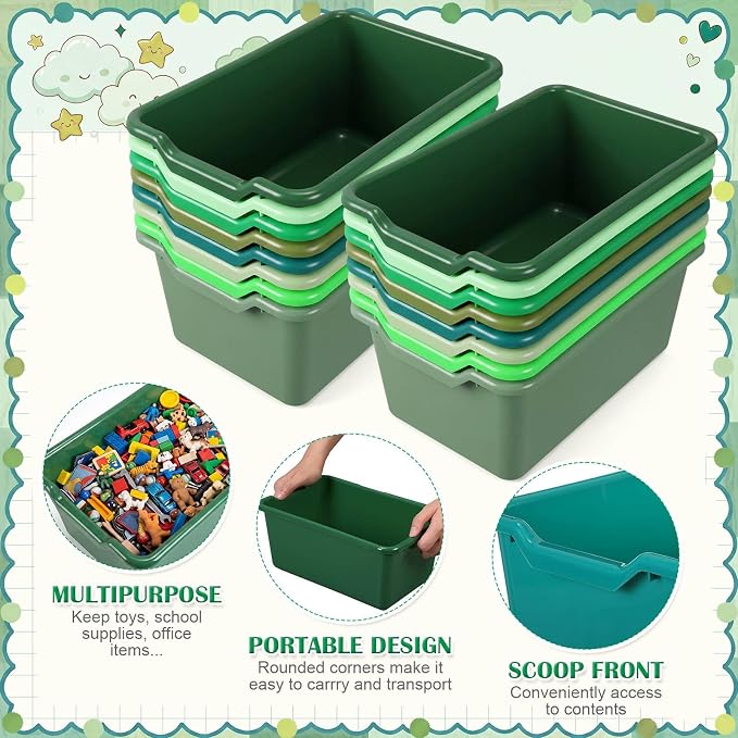 16 Pcs Cubby Bins for Classroom Plastic Book Bins,Green Series | Storage Bins for Classroom Library, Plastic Stackable Toy Tubs Containers for School Office Home Nursery Playroom - Image 3