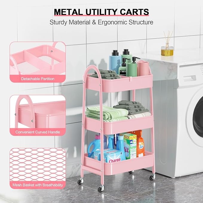 3 Tier Utility Rolling Cart, Metal Storage Cart with Handle and Lockable Wheels, Multifunctional Storage Organizer Trolley with Mesh Baskets for Kitchen, Living Room, Office, Garage (Pink) - Image 2