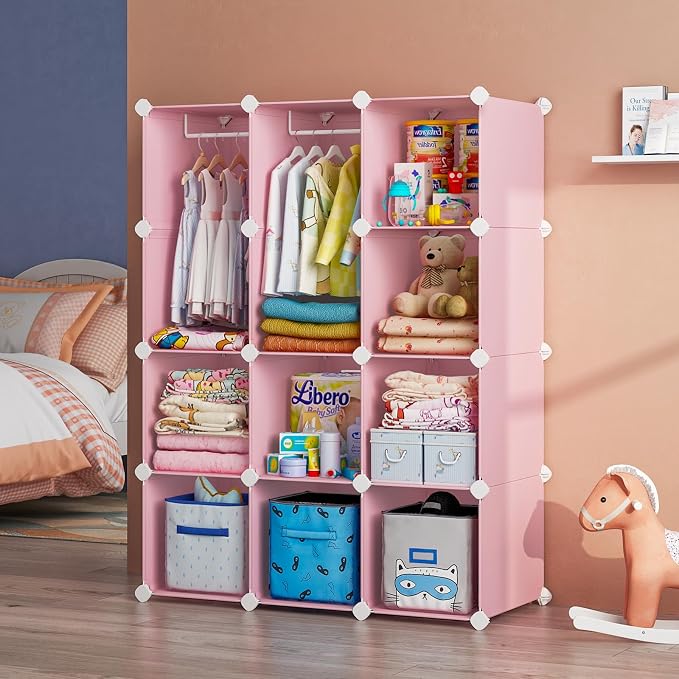 VIPZONE Baby Dresser, Kids Closet Organizers, Portable Kids Wardrobe for Closet, Bedroom, Nursery, Cubby, Cabinet, Clothes, Dress, Baby Storage Shelf, Armoire Clothes Hanging (12 Cube, Pink) - Image 6