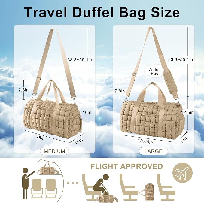 Quilted Travel Duffle Bag Gym Bag for Women,Large Puffer Duffle Weekender Bag with Compartment,Workout Overnight Carry on Organizer Bag Duffle Bag for Airplane Travel(L-Khaki) - Image 2