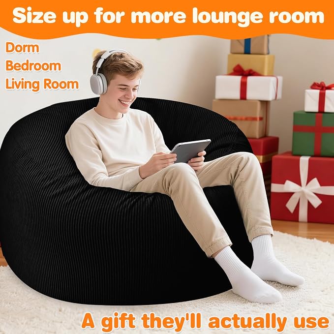 Lukeight Bean Bag Chair for Teens and Adults, Memory Foam Filled Floor Lounger, Washable Velvet Cover with Inner Liner, Beanbag Chair with Filling for Gaming and Reading, Black, XX-Large 36"D x 20"H - Image 5
