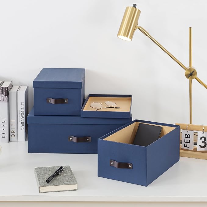 Soul & Lane - Decorative Storage Boxes with Handles, Set of 3, Navy | Sturdy Cardboard Photo Organizers with Lids for Office and Home, Blue Memory Storage Containers for Pictures and Papers - Image 3