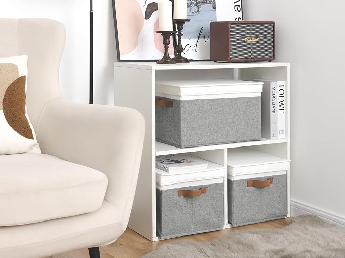 StorageWorks Fabric Storage Bins with Lids, Closet Storage Bins | Lidded Dust-proof, Easy Pull Handles, Foldable, Stackable, Ideal for Clothes Blanket Towel, Jumbo, Gray and White, 3-Pack - Image 6