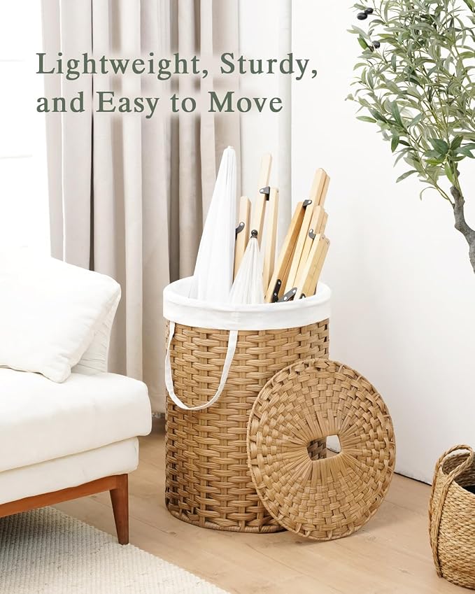 SETVSON Laundry Hamper with Lid 23.8 Gal (90 L) PE Rattan, Natural | 90L 23.8 Gal Round PE Rattan Hamper with Lid, Removable Washable Liner Bag, 2 Mesh Wash Bags, Steel Frame, Handles - Image 6