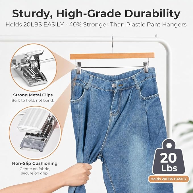 HOUSE DAY Wooden Pants Hangers with Clips, 20 Pack Skirt Hangers, Natural | 14-Inch Wood Hangers with Adjustable Non-Slip Metal Clips & 360° Swivel Hooks, Heavy Duty for Jeans, Slacks, Trousers, Shorts - Image 7