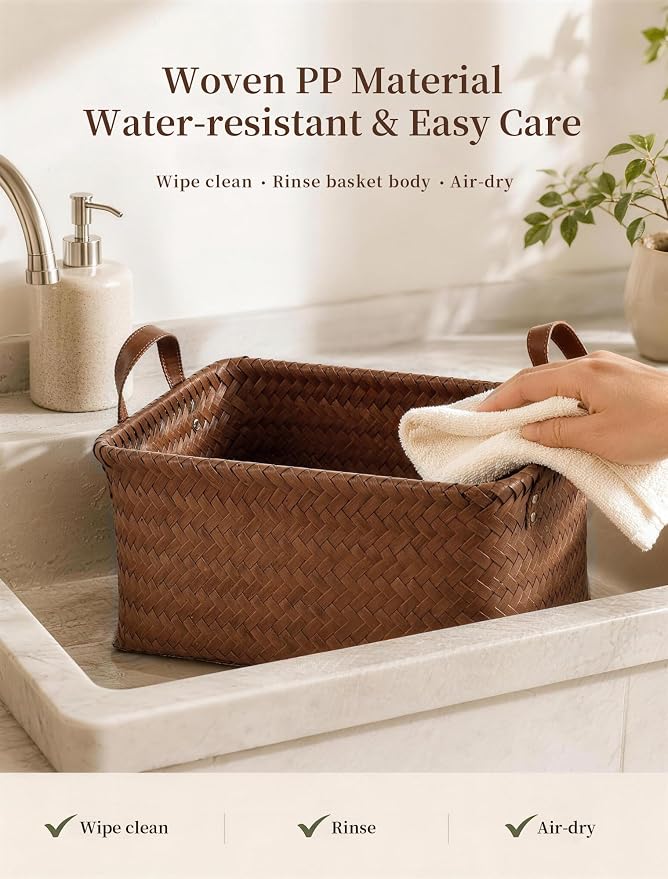 Wicker Storage Baskets, 4 Pack Woven Baskets for Shelves, Brown | PP Rattan, Water-resistant Wicker Basket, Large Baskets with Faux Leather Handles for Blanket, Laundry Organizer, Room Decor - Image 7