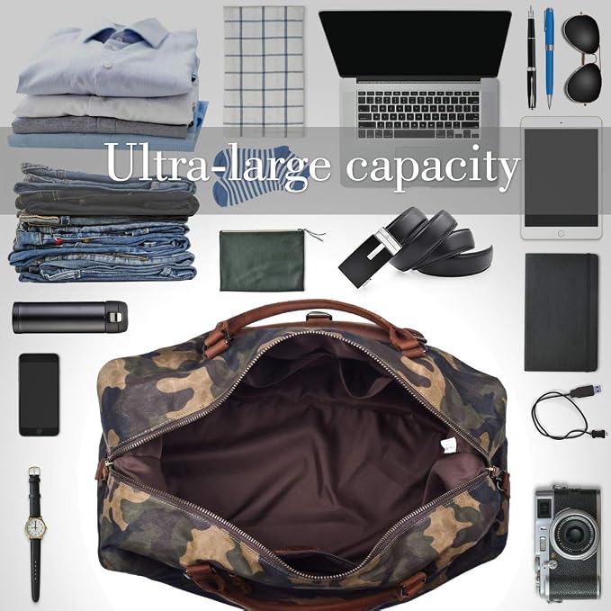 Oversized Travel Duffel Bag Waterproof Canvas Genuine Leather Weekend bag Weekender Overnight Carryon Hand Bag Camo - Image 3