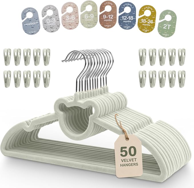 Velvet Baby Hangers with Clips & Size Dividers, 50 Pack | Organize baby clothes from newborn to 2T with 8 size dividers and 20 clips for outfits, pants, and growing wardrobes by Unknown