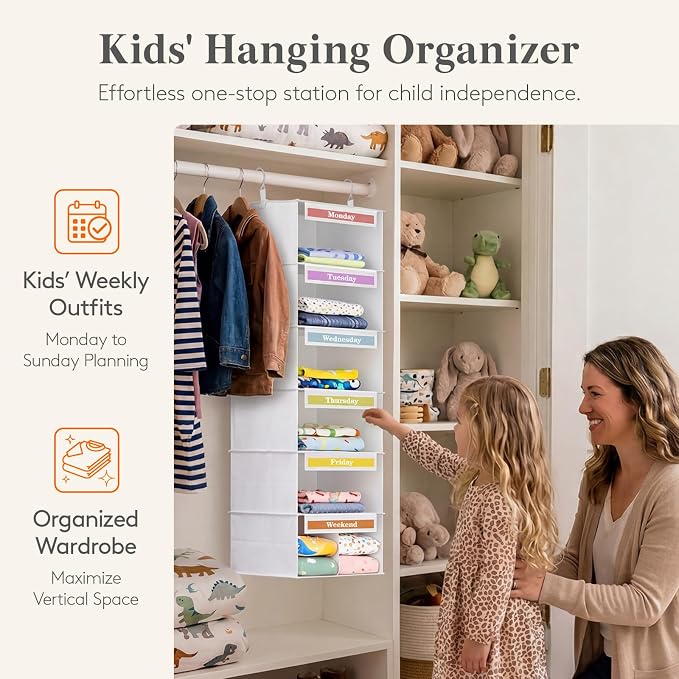 Lifewit 6 Shelf Weekly Clothes Storage Organizer for Kids, 2 Pack, Gray | Closet Storage with Color Labels for School Outfits, Daily Clothing Divider with Days of The Week Monday to Friday Weekend - Image 7