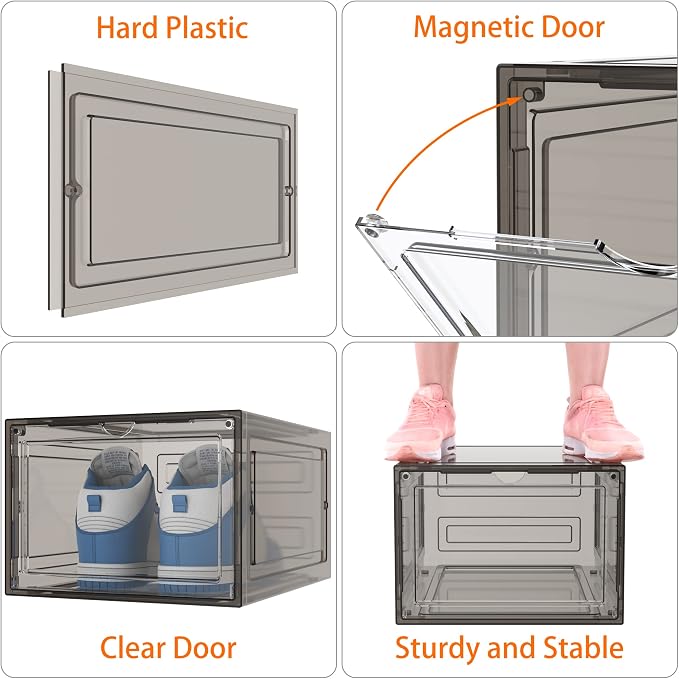 HOMIDEC Shoe Storage, 6 Pack Shoe Organizer Clear Hard Plastic Shoe Box | Shoe Boxes Clear Plastic Stackable, Shoe Storage Box with Lids for Size 13, Clear Smoke - Image 4