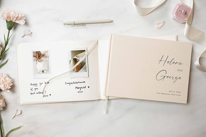 Personalized Linen Guest Book (Design 3) - 9 x 7.5 Hardcover Custom Wedding Guestbook Bride Groom Name Date Location Venue, Reception Ceremony Engagement Party Keepsake Signing Book w/ 120 Blank Pages - Image 6