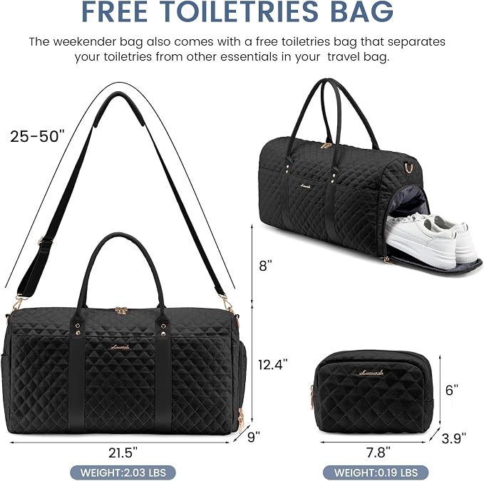 LOVEVOOK Travel Duffle Bag, Weekender Bags for Women with Shoe Compartment, Quilted Carry on Overnight Bag with Toiletry Bag, Hospital Bags for Labor and Delivery, Gym Duffel Bag with Wet Pocket Black - Image 2