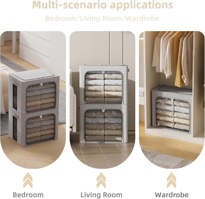FHSQX 2 Pack Clothes Storage Bins, Light Gray, 16.5x12.2x12.2 Inch | ‎Portable, Large Clear Window, Stackable, Durable Handles, Foldable - Image 2