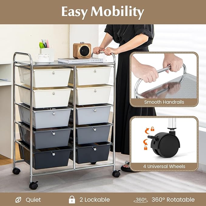 10 Drawer Rolling Cart, Storage Cart Organizer on Wheels, Drawer Cart with Metal Frame & Large Storage Capacity, Rolling Cart with Drawers for Living Room Classroom, Office - Image 4