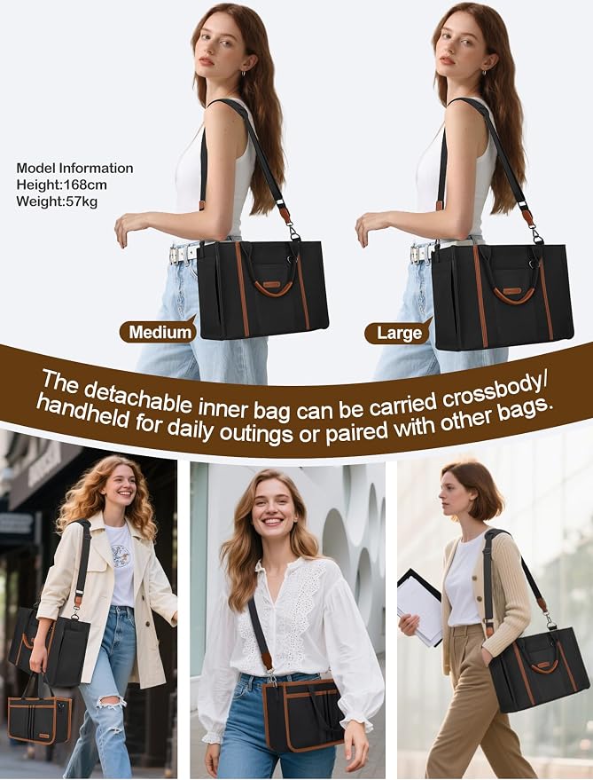 BESBESME Women’s Canvas Tote Bag with Zipper and Compartments – Multi-Pocket Laptop Work Crossbody Shoulder Tote Purse - Image 5