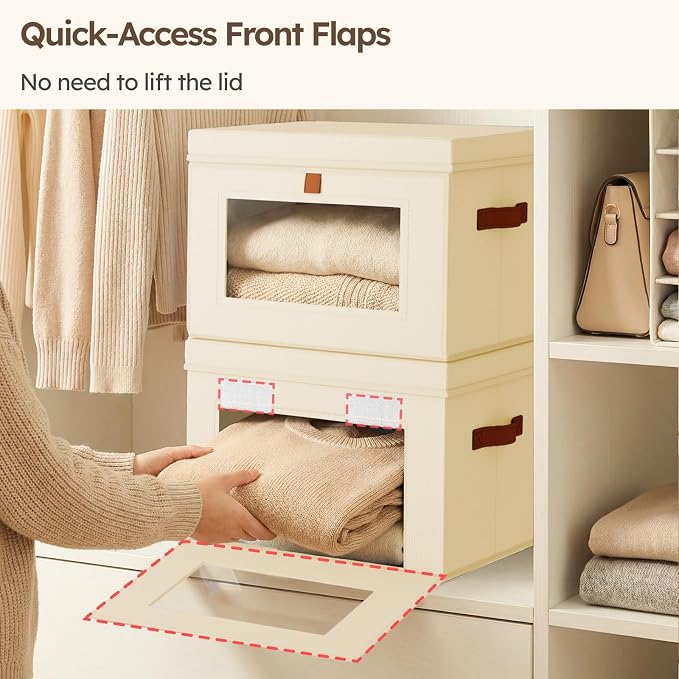 Storage Bins with Lids - Front Opening Storage Box with Clear Window & Handles, Stackable Foldable Fabric Bins for Closet Organization, Clothes, Sweaters, Towels, Blankets, 3 Pack, Beige - Image 3