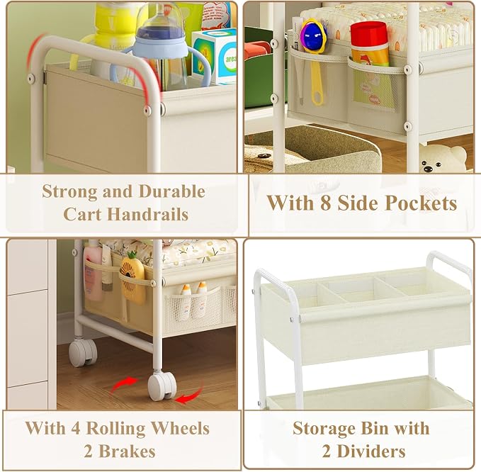 3-Tier Baby Diaper Caddy Cart Organizer,Mobile Nursery Storage Carts with Wheels,With 2 Dividers&14 Mesh Pockets Durable Metal Utility Cart for Nursery, Bedroom, Bathroom, Baby Essentials Organization - Image 6