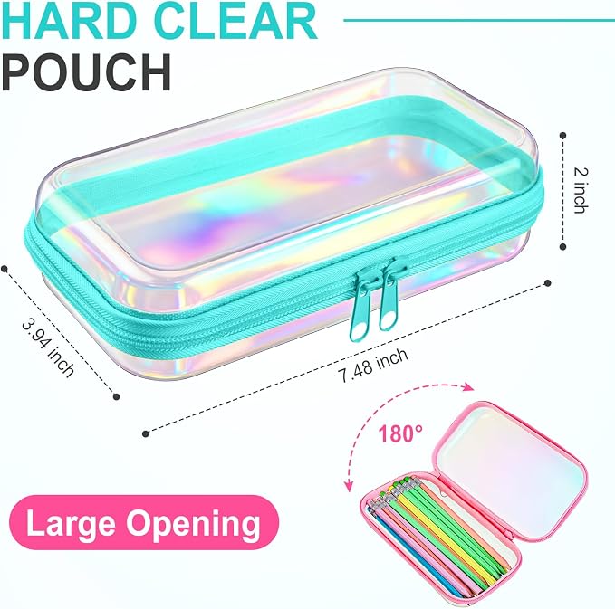 Sanwuta 6 Clear Hard Zipper Case,Holographic,7.48 X 3.94 X 2 Inch | Pencil Case Pouches ,Makeup Bag,Plastic Toiletry Diaper Bag ,Travel Toy Storage,Waterproof Organizer Bins - Image 2