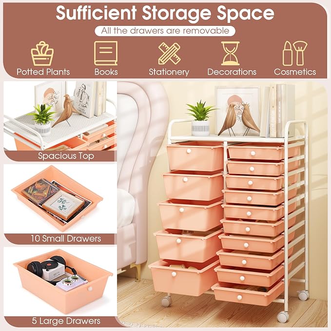 Moccha 15-Drawer Rolling Storage Cart - Under Desk Storage Drawers with wheels for Craft Art Supply Paper Salon, Scrapbook Paper Tools, Mobile Utility Cart for Classroom (15 Drawers, Peach) - Image 6
