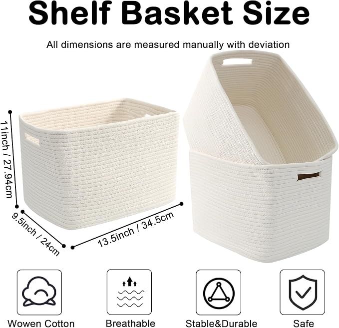 3 Pack Woven Baskets,Storage Baskets for Shelves with Handles | 13.5"×11"×9.5",Closet Baskets,Gift Basket,Nursery Organizer for Toys Towels Books,Storage Bin for Living Room Bedroom-White - Image 2