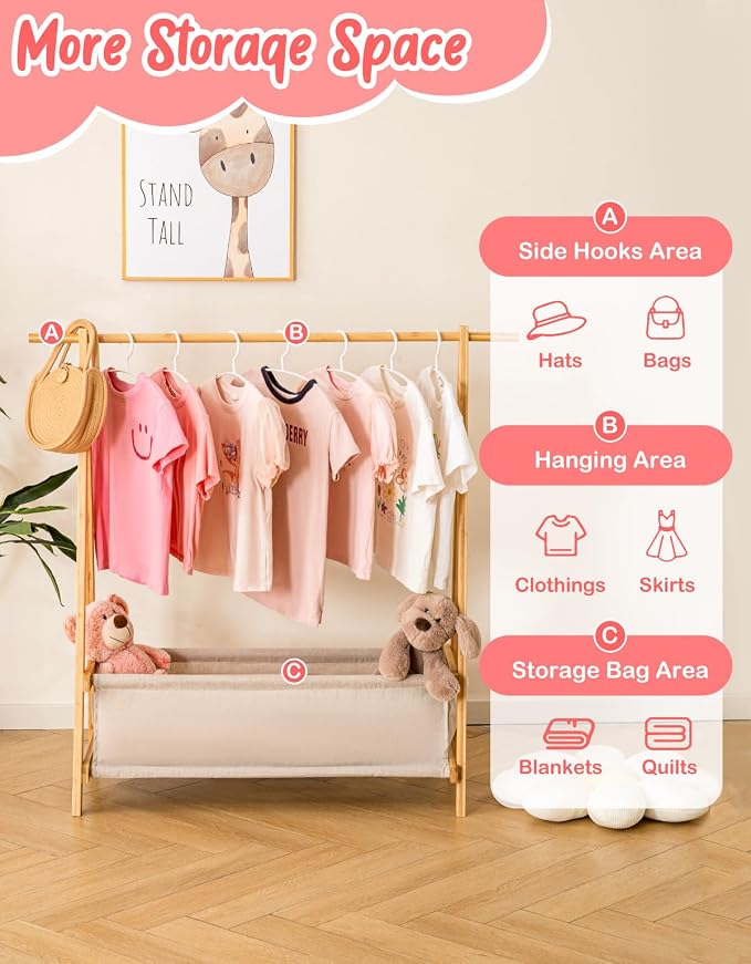 Kids Clothing Rack with Storage Box, Kids Dress Up Rack, Dance Costume Garment Rack for Hanging Clothes,Garment Rack for Hanging Clothes Organizer, Bamboo (Natural) - Image 4