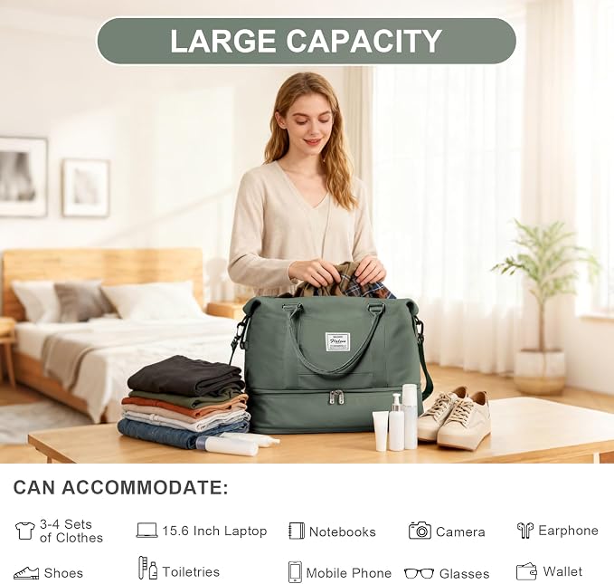 Travel Duffel Weekender Bag Women Tote Carry On Bags With Shoe Compartment | 18x14x8 inches Travel Overnight Bags with Trolley Sleeve for Airplanes Sport Tote Gym for Men Lightweight Daypack Green.. - Image 5