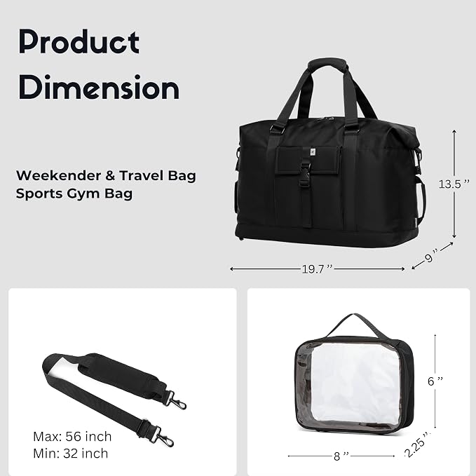 Duffel with Utility Pouch, 40L Weekender Overnight Bag with Shoe Compartment for Travel and Sports (Black) - Image 7