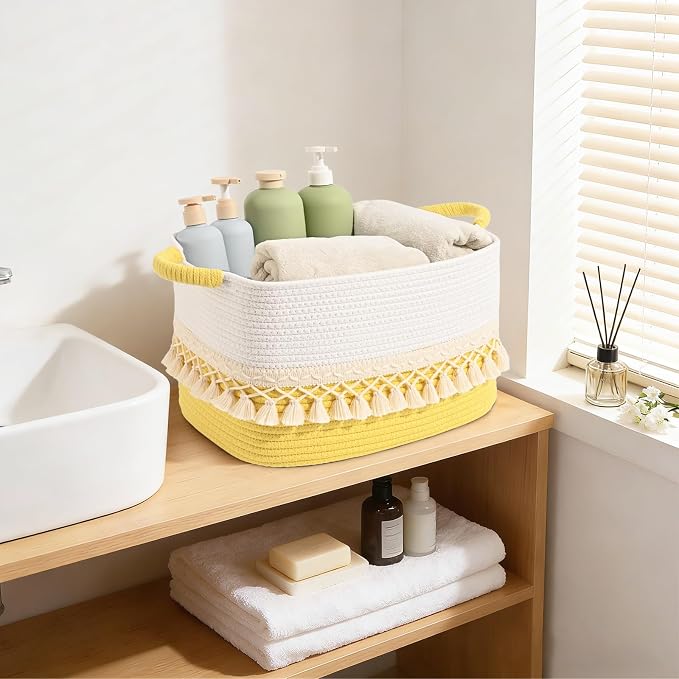 2 Pack Storage Basket for Shelves, Boho Cotton Rope Storage Bins with Heavy Tassel, Shelf Baskets Large Woven Baskets for Organizing, Cube Organizer Bins, Baby Laundry Basket for Clothes, Toys, Pets - Image 8