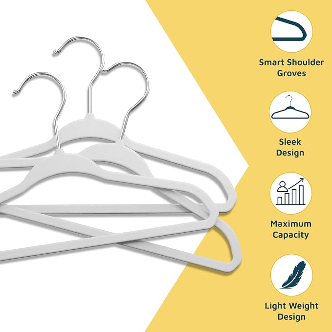White Velvet Kids Hangers 50 Pack, 10.83" Non-Slip Baby & Toddler Hangers for Clothes, Space-Saving Slim ABS Plastic with 360° Swivel Hook & Notched Shoulders, Up to 10 lb Capacity - Image 3