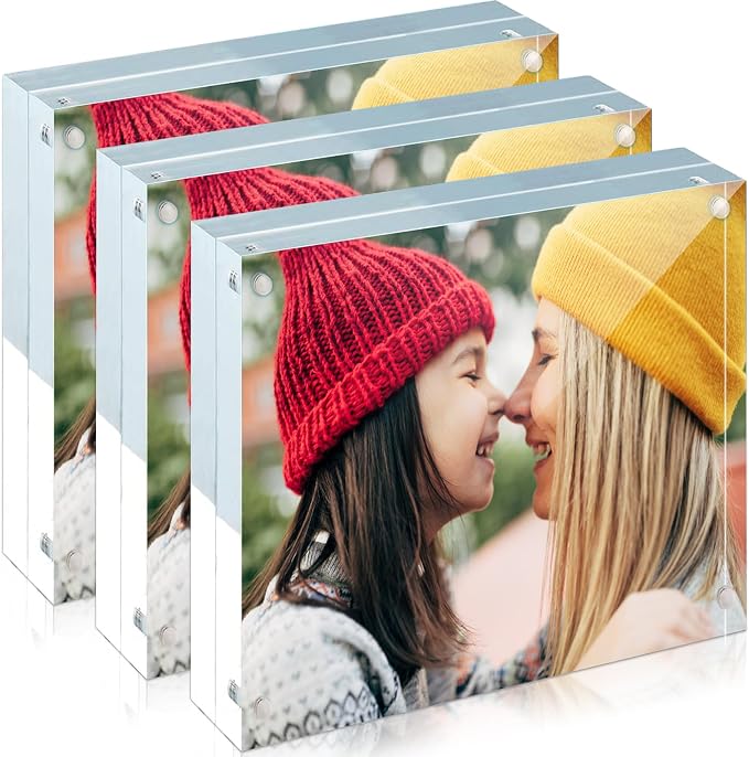 ILYXY 3 Pack Acrylic Frame 5x5, 20% Thicker, 20mm Thick Frameless Clear Picture Frame, Double Sided Magnetic Photo Frame, Free Standing Desktop Display Stand Acrylic Picture Frames by ILYXY
