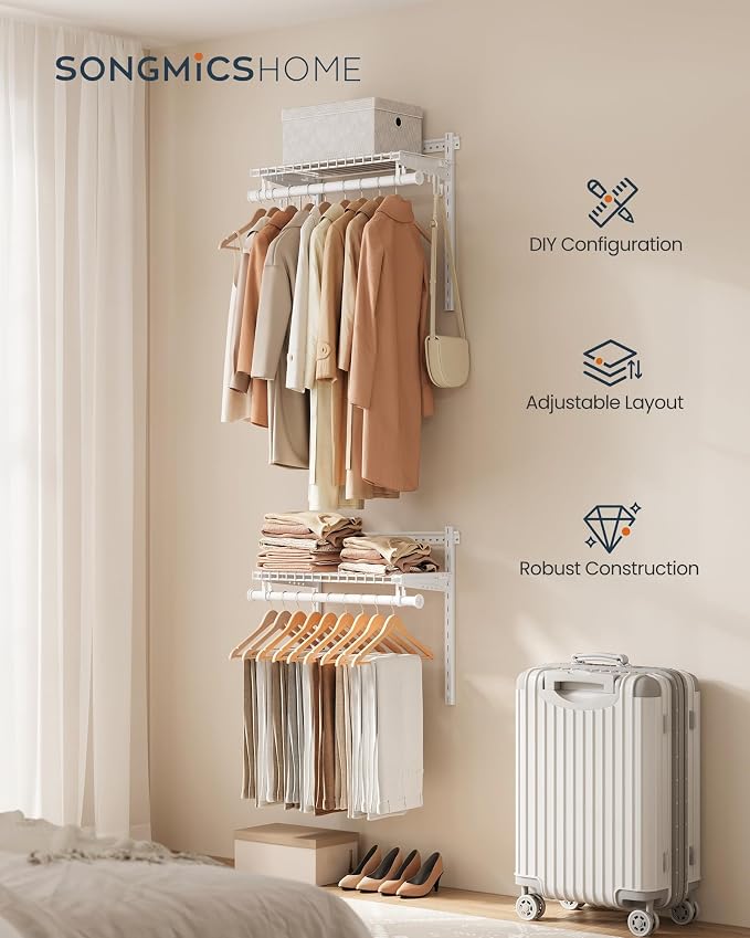 SONGMICS HOME Closet System, Closet Insert Organizer, 2-4 ft Closet Shelves | Adjustable Metal Shelving Unit, 2 Hanging Rods, 2 Shelves, Hooks, Pearl White and Cloud White, PATRIA Collection URGR030W01 - Image 2