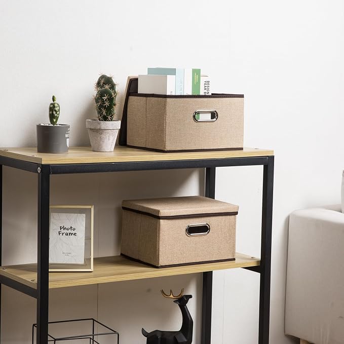 Storage Bins with Lids [3-Pack] Jute Fabric Foldable Storage Boxes Organizer Containers Baskets Cube with Cover for Home Bedroom Closet Office Nursery khaki（11.4X8.6X6.7 - Image 2