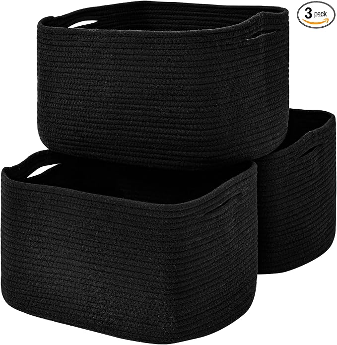 ICERZCZ Large Storage Baskets for Organizing Shelves, Woven Cotton Rope Bins for Baby Nursery Organization, Book Toy Towel Organizer, 17"x13"x9.5", 3 Packs, Black by ICERZCZ