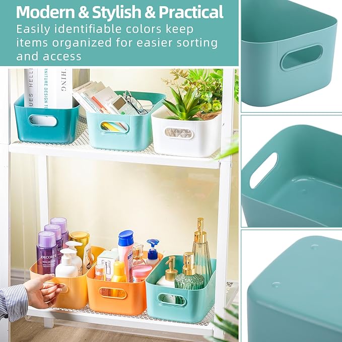 12 Pcs Small Plastic Storage Bins Basket with Handles Toy Organizers Pantry Basket Containers for Shelves Home Cupboard Kitchen Office Bathroom Organization Box(bright, 9.6 x 6.3 x 3.9 Inch) - Image 3