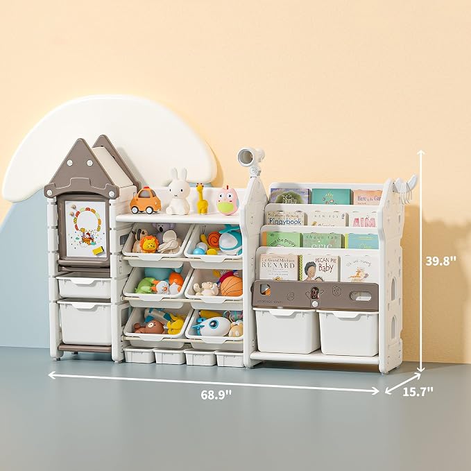Kids Toy Storage Organizer with Bookshelf, 14-Bin Playroom Organizer and Bookcase, HDPE Toddler Storage Shelf with Drawing Board, for Nursery, Bedroom and Playroom (Brown) - Image 2