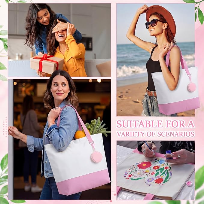 Sanwuta Canvas Tote Bags Bulk with Zipper and Plush Coin Purses 18.5" Reusable Cotton Shopping Bags with Handle for DIY Craft - Image 6