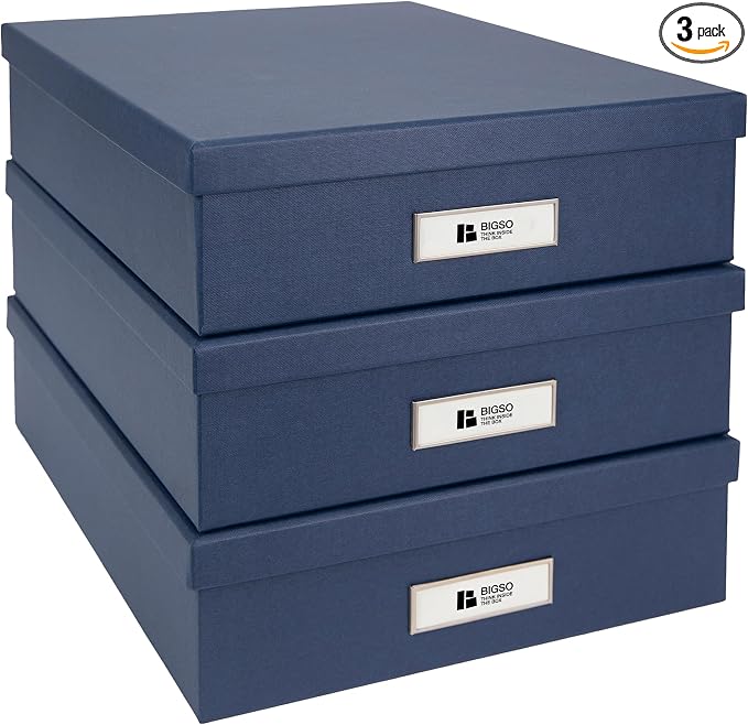 Bigso Box of Sweden Oskar Fiberboard Label Frame Document Letter Box | File Organizer for Important Paperwork | Document Storage with a Lid & Label Window | 3.3"x10.2"x13.8" | 3 Pack | Dark Blue by Bigso