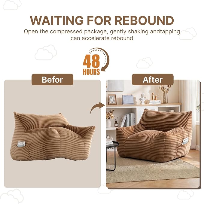 Bean Bag Chair for Adults & Kids, Giant Bean Bag Sofa with Side Pocket, Corduroy Beanbag Chair with Armrests, Comfy Stuffed Floor Sofa for Living Room Bedroom Dorm, Brown - Image 8