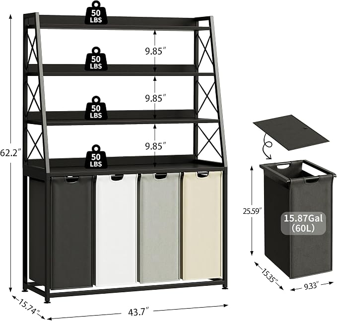 Herture Laundry Basket, 4 Section Laundry Hamper with 4 Tiers Shelf, Pull-Out and Removable Laundry Bags, Large 4 x 15.87 Gallons, for Laundry Room Bathroom Black PF12XLK - Image 3