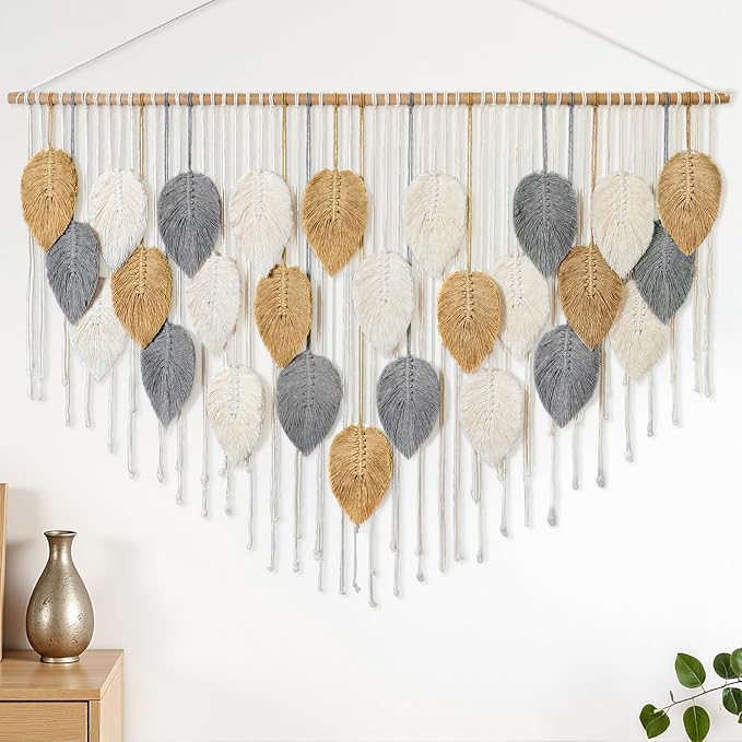 Large Macrame Wall Hanging Boho Woven Tapestry Chic Modern Home Decorations | KHOYIME Bohemian Farmhouse Handmade Leaf Feather Wall Art Decor for Living Room Bedroom Nursery Dorm Backdrop 51.5"W X 33.5"L by KHOYIME